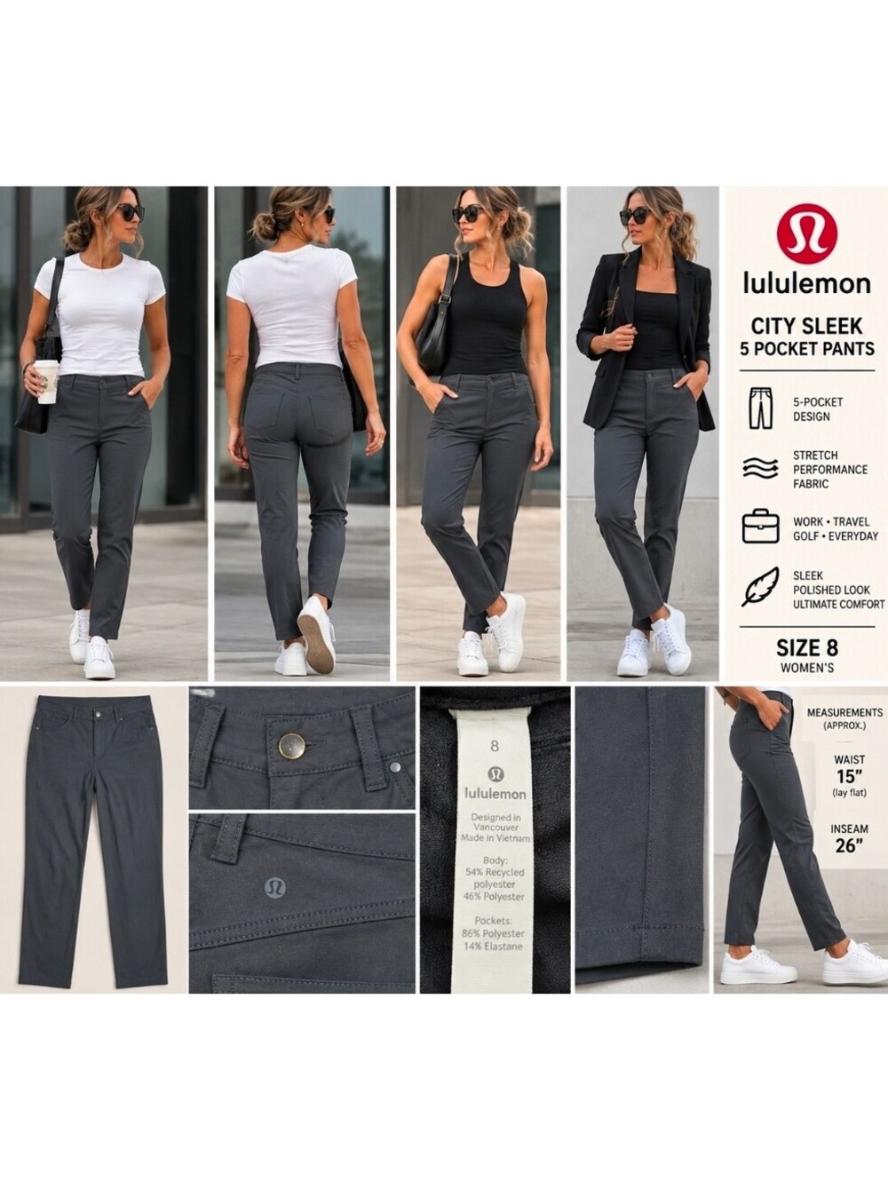 Lululemon City Sleek 5 Pocket Pants Women’s 8 black Straight Leg Stretch 26”